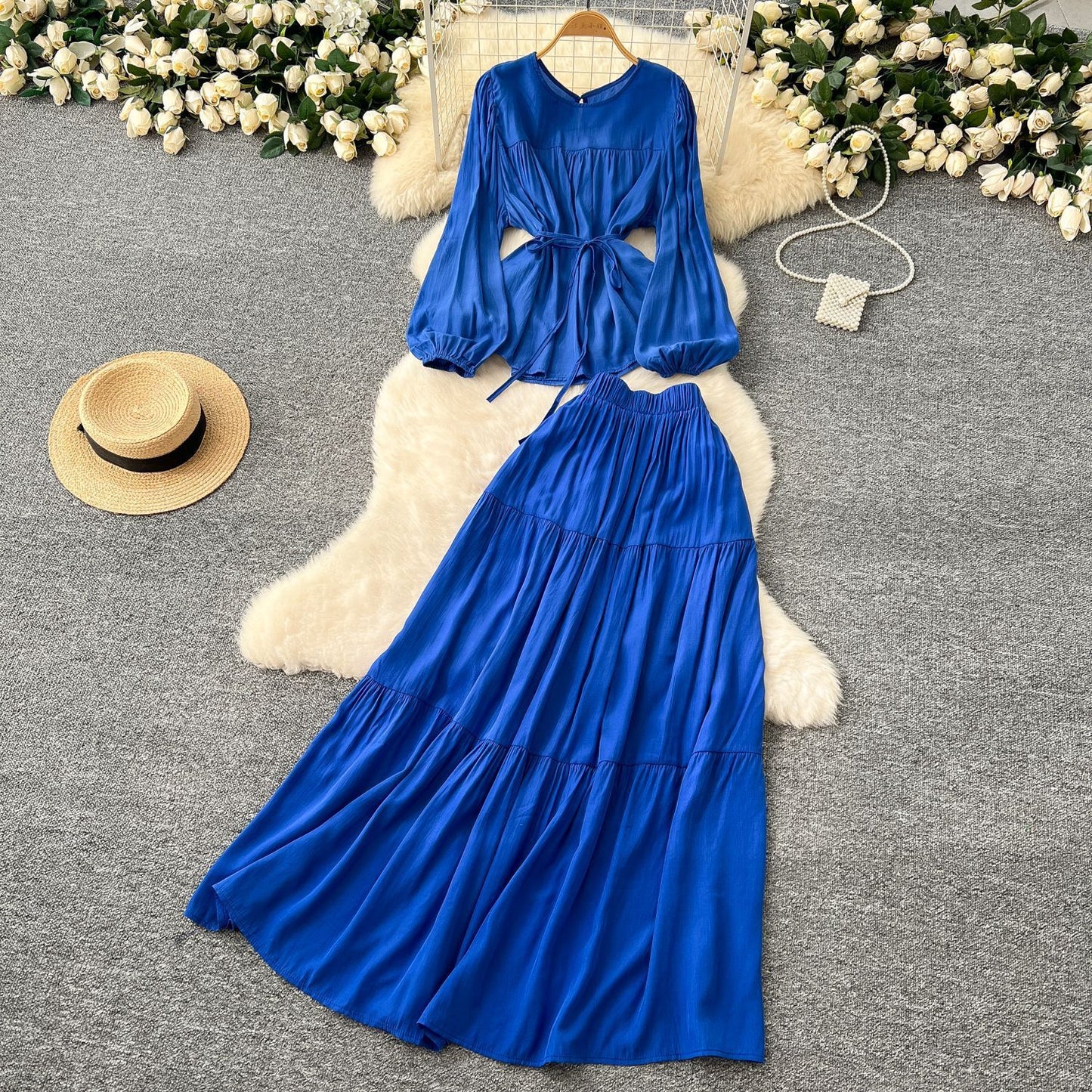Suit Women's Spring French Style Lace-up Waist-controlled Round Neck Long Sleeve Shirt High Waist Drooping Skirt