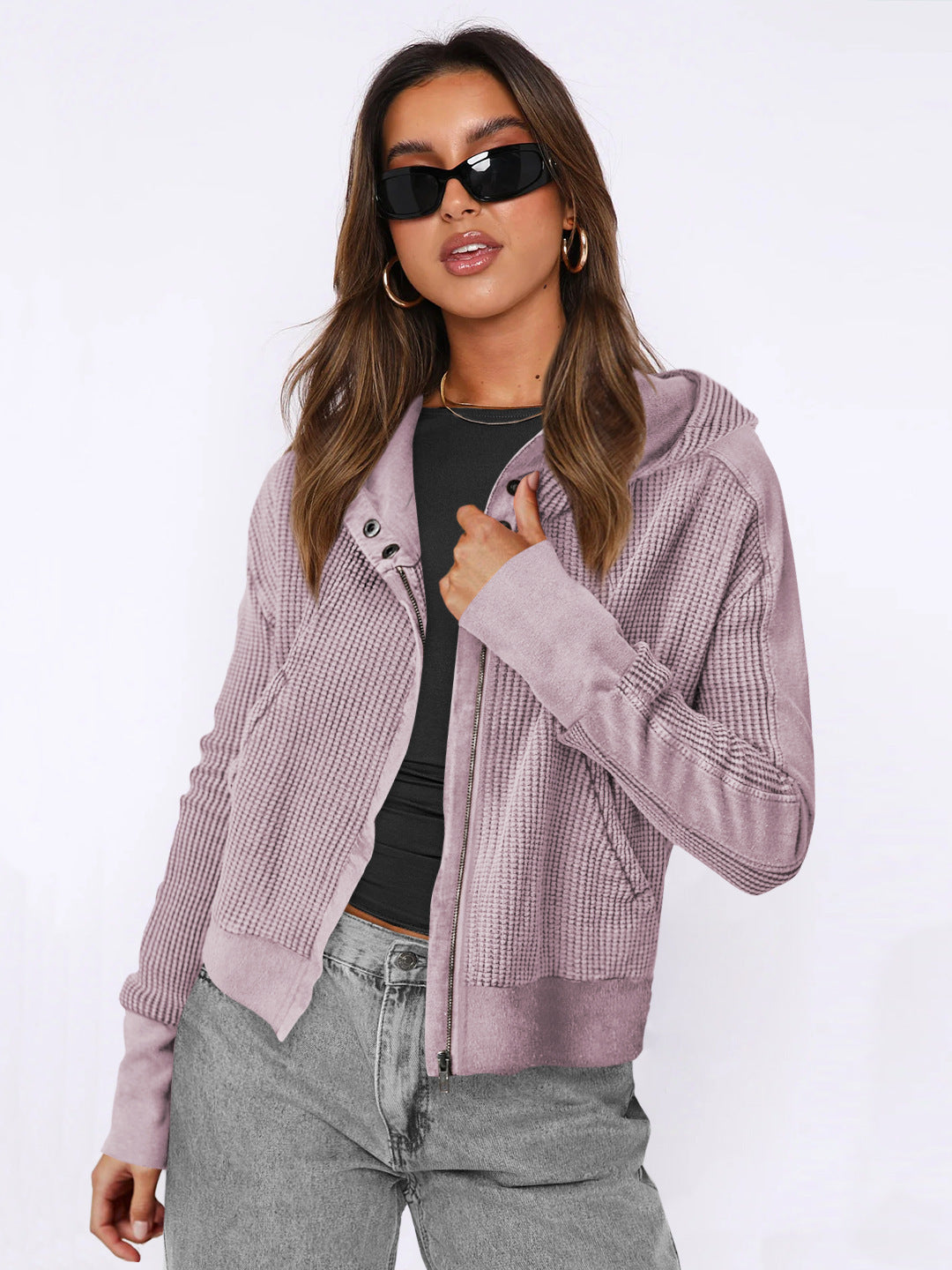 Sweat-shirt à capuche tendance pour femme, veste courte à fermeture éclair
