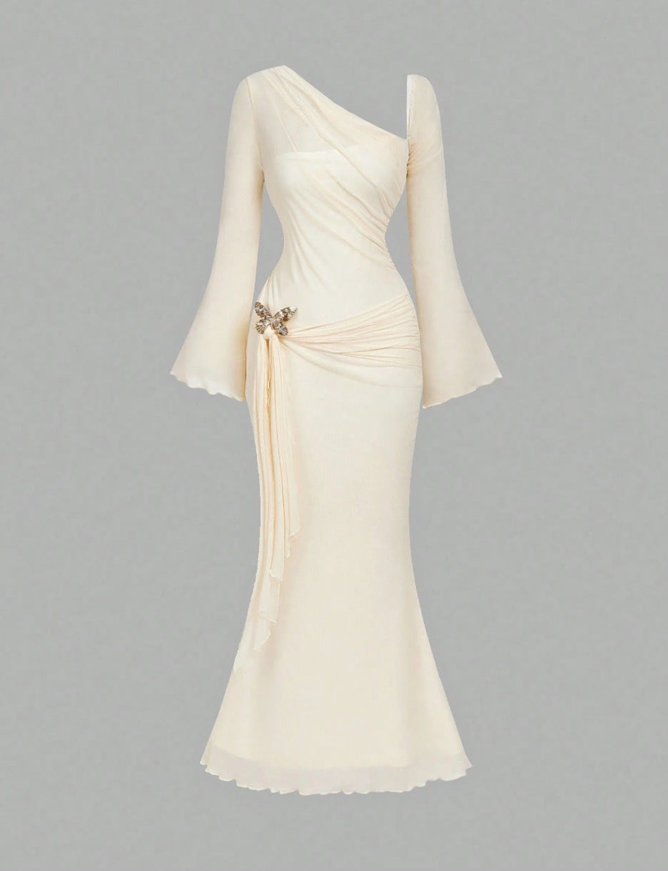 Flared Sleeves With A Butterfly-clasp Design Create A Slimming Ruched Look