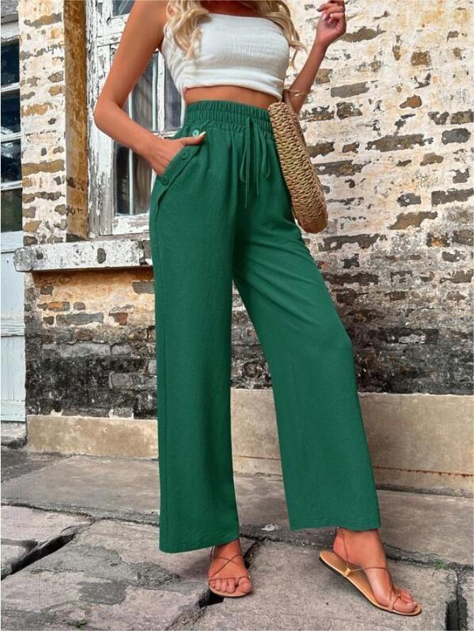 Pantalon décontracté avec poches et cordon élastique, taille haute, ample, pour femme