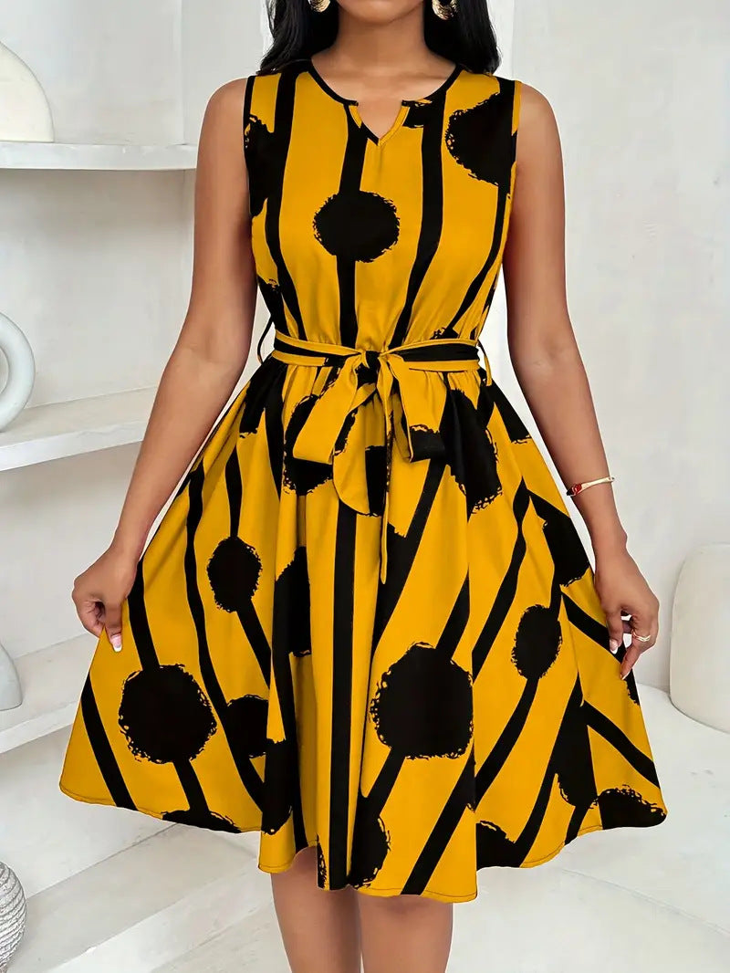 Womens European And American-style Belted A-line Dress