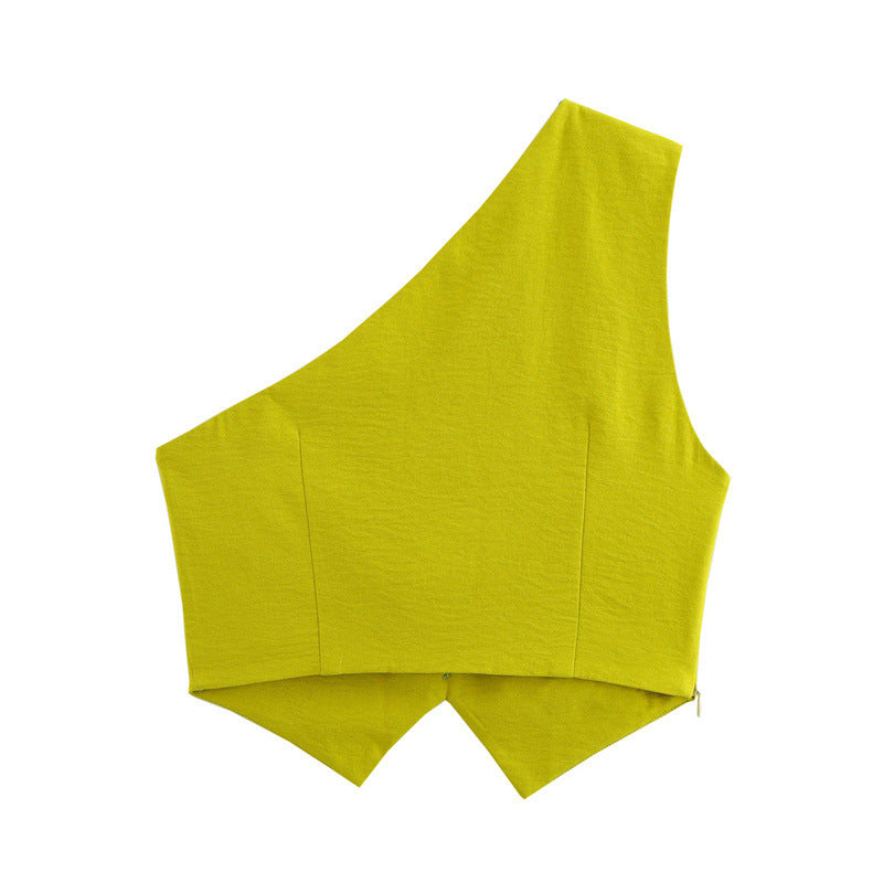 Solid Color Irregular Green One-shoulder Vest Strap Top