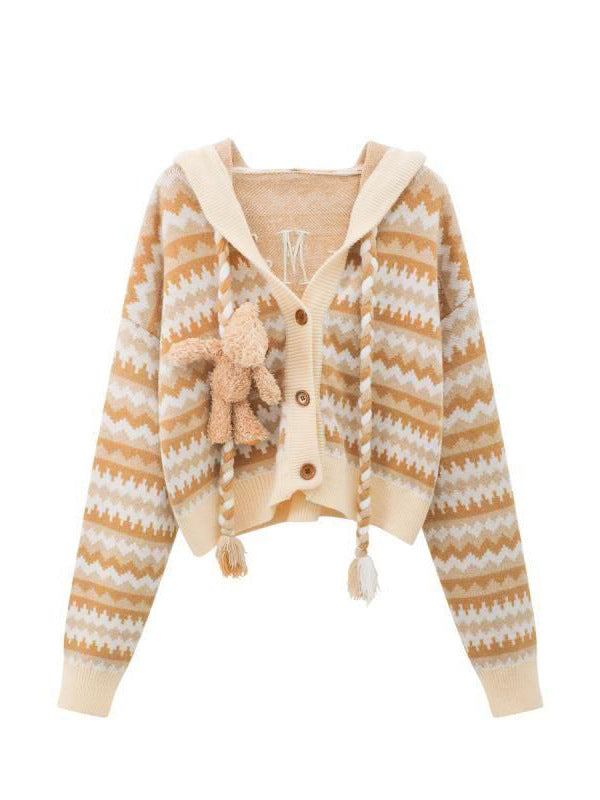 Cardigan tricoté à capuche vintage en trois dimensions avec ours marron