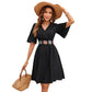 Embroidered Lace Trim A-line Smocked Elastic Waist Dress