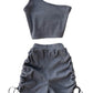 Children's New One-shoulder Diagonal Collar Short T-shirt With Drawstring Folds High Waist Wide-leg Shorts Suit