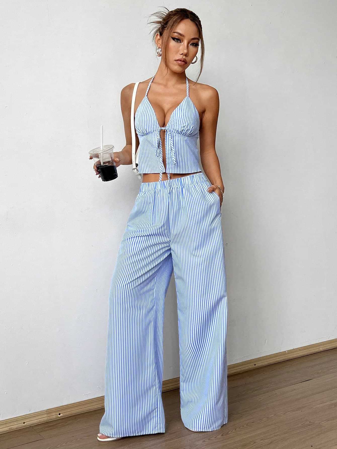 Summer Stripes Vest Plus Stretchy Straight-leg Pants Casual Two-piece Suit