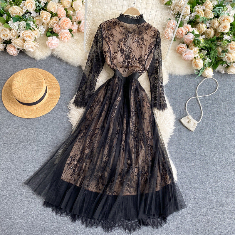 Temperament Dress Lace Round Neck Long Sleeve Mesh Hollow Women's