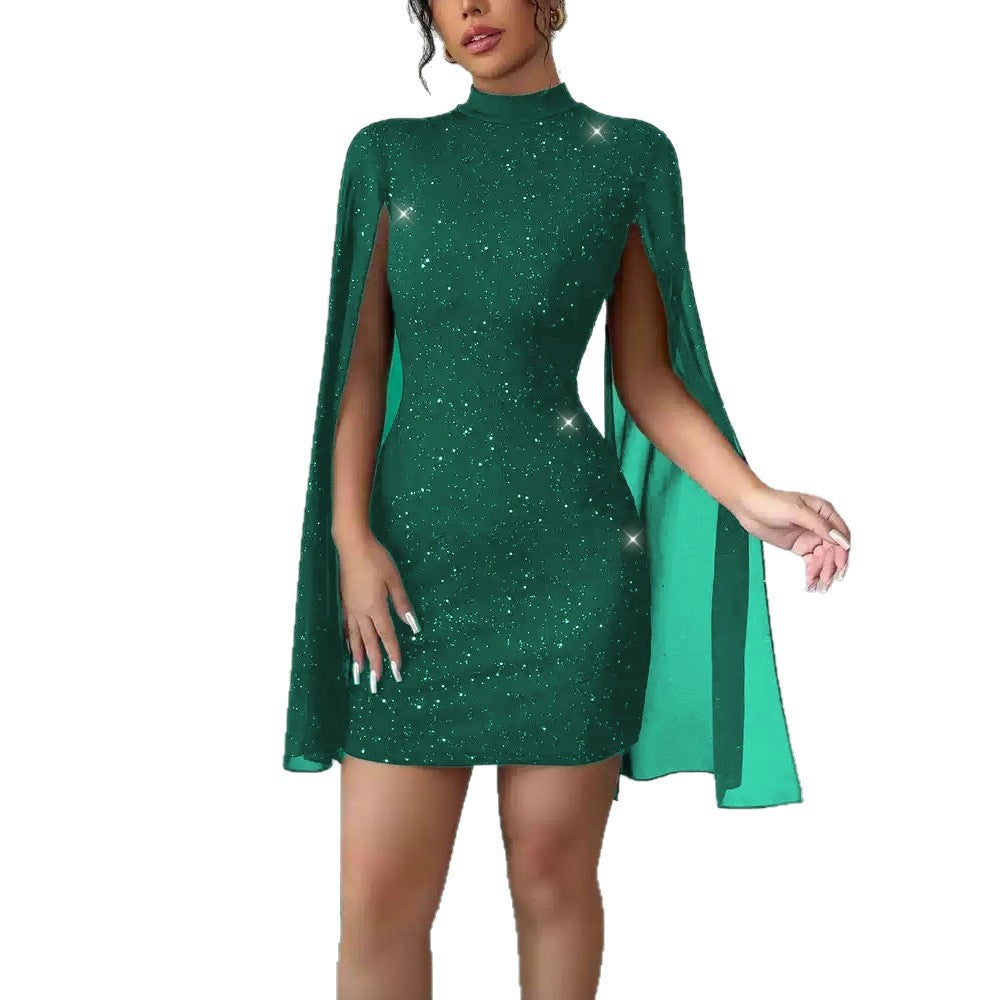 Womens Sequin-embellished Shawl-sleeve Dress With Long Sleeves