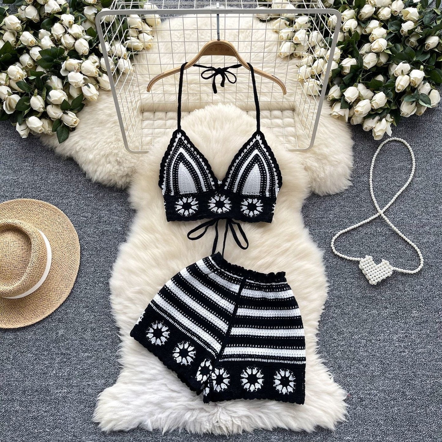 Cutout Crocheted Halter Strap Vest High Waist Knit Shorts
