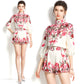 Balloon Sleeve Turtleneck Vintage Print Shirt Loose Shorts Set