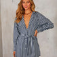 Striped Loose Tie Large V-neck Long-sleeve Shirt Short Dress