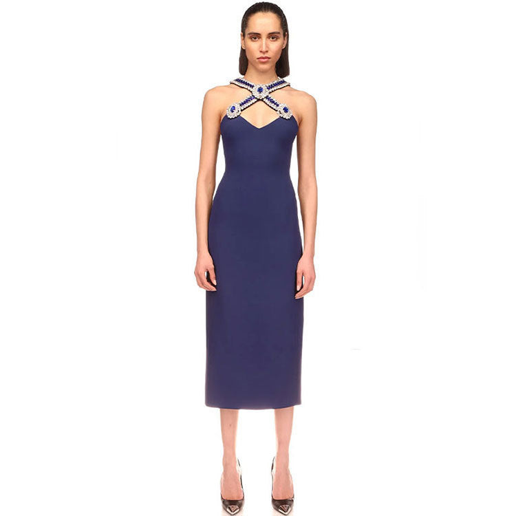 Nouvelle robe sexy sans manches à col en V et diamants