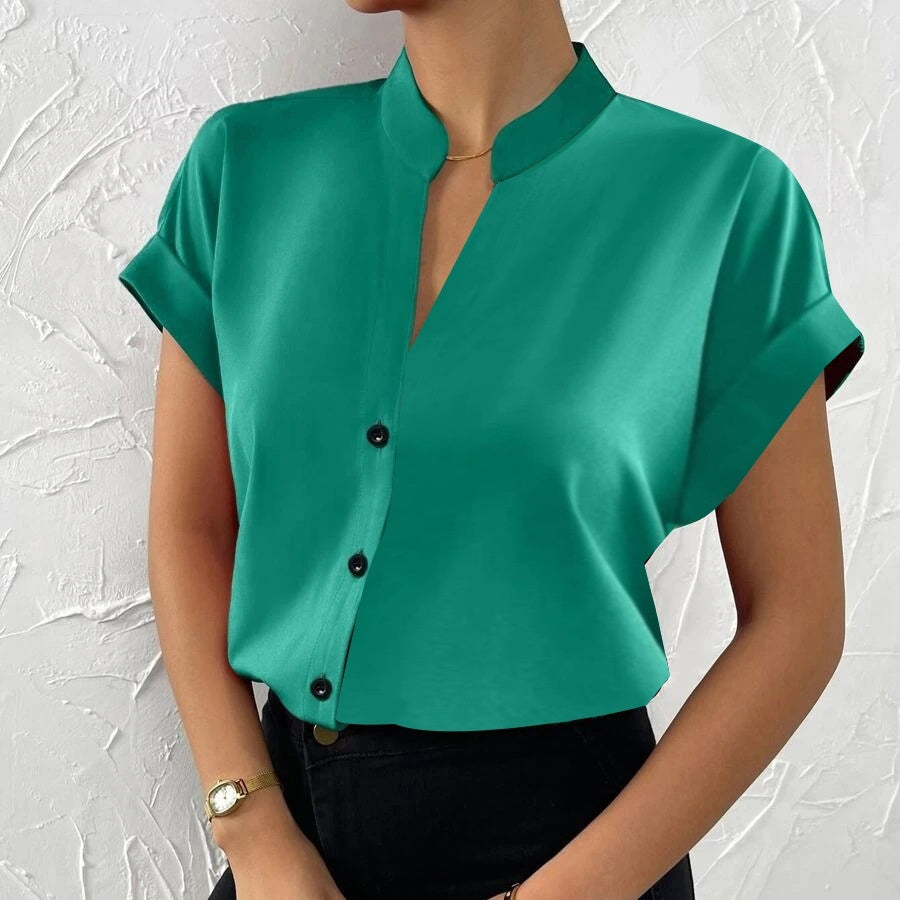Women's Simple Solid Color And V-neck Button Cardigan Shirt