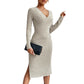European And American High Waist Slit Long Sleeve Dress