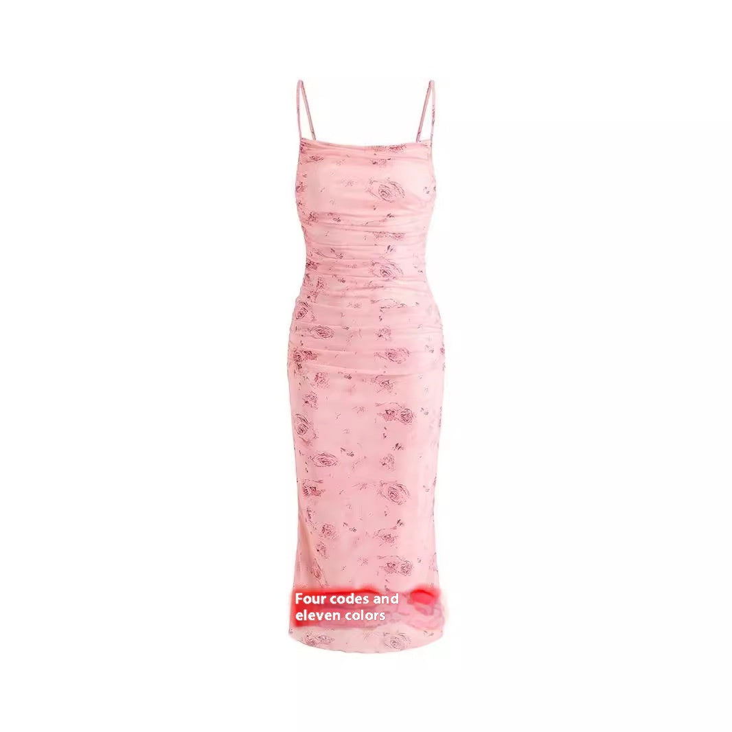 Slim-fit Pleated Elegant Mesh Floral Print Suspender Dress