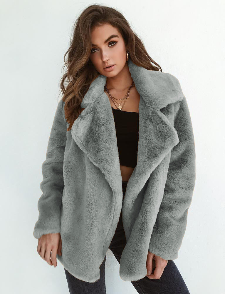 Plush Lapel Woolen Coat Women