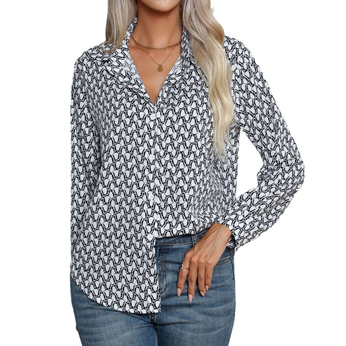 Fashion Geometry Pattern Printed Shirt Women's Long Sleeve