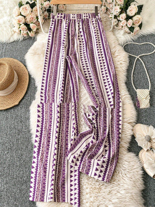 Striped Digital Printing Wide Leg Leisure Slim Fit Tied Cropped Pants