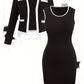 Women's Color Matching Three-quarter Sleeve Top And Hip Skirt Two-piece Set