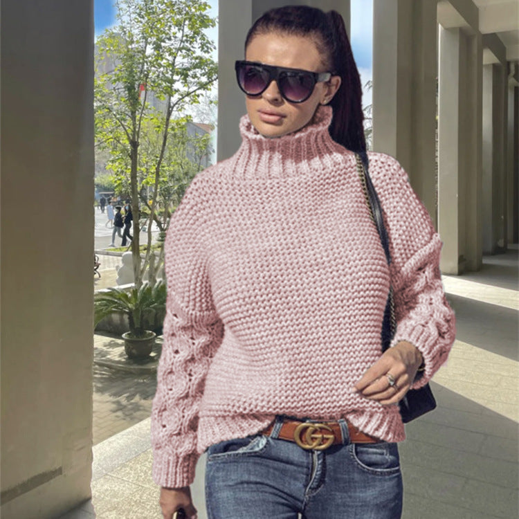 Loose Cable-knit Solid Color Turtleneck Sweater For Women