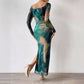 Printed Pleated Tight Split Square Collar Dress