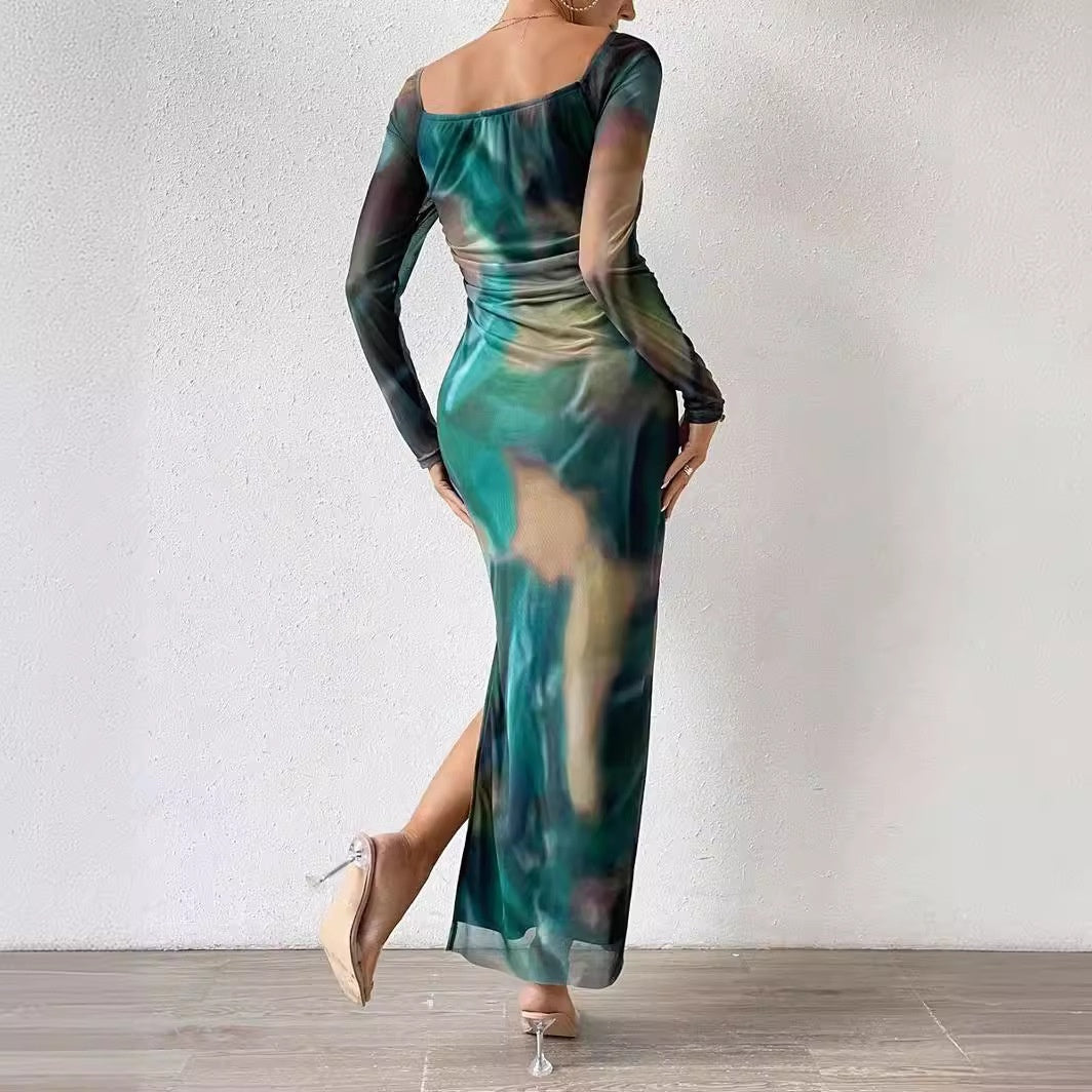 Printed Pleated Tight Split Square Collar Dress