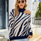 Half-high Collar Long Sleeves Tiger Pattern Sweater Off-the-shoulder Sweater