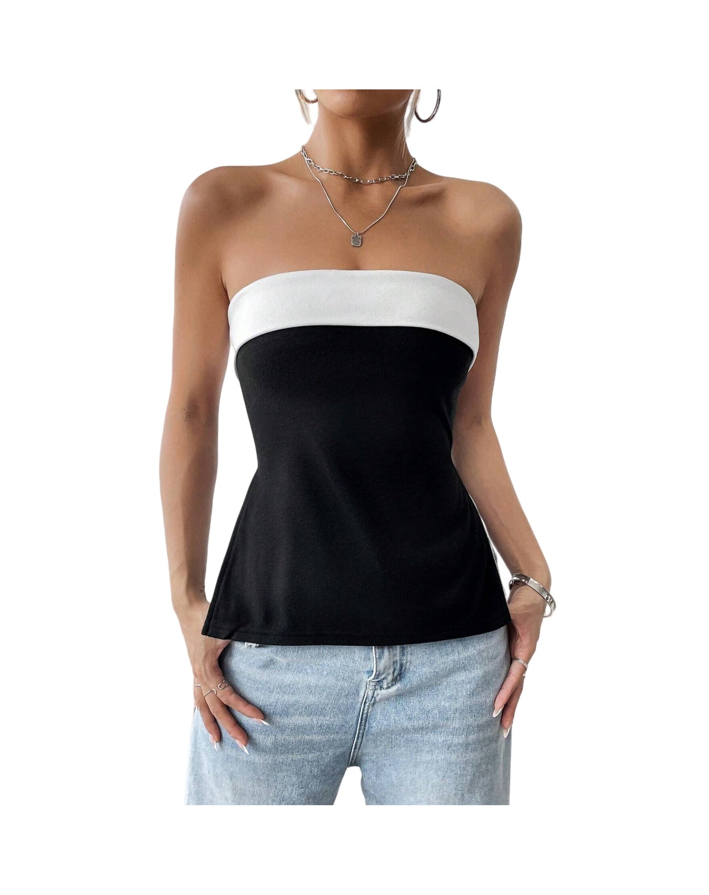 Contrast Color Tube Top Elegant Graceful Commuter Off-neck Tube Top