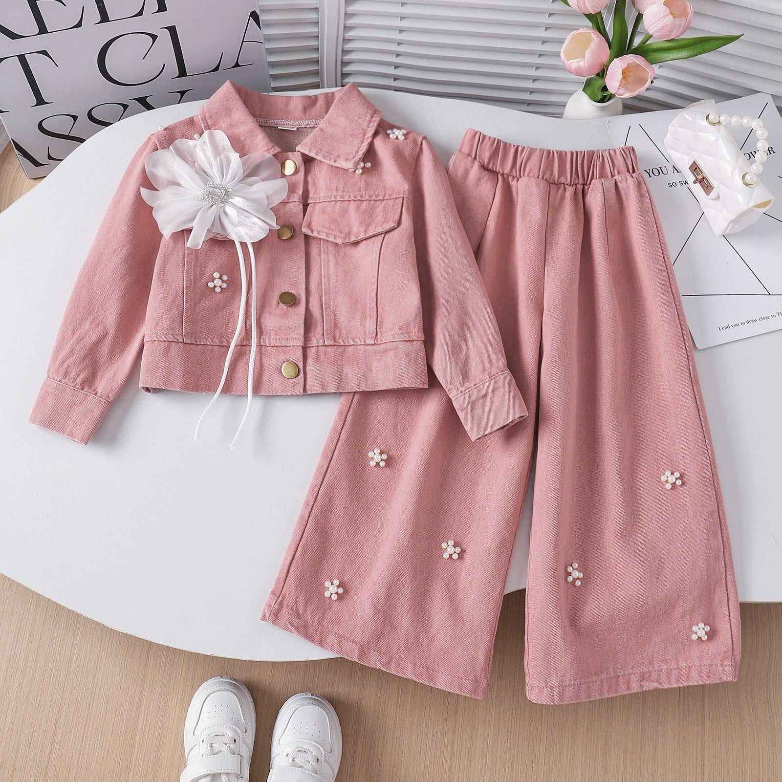 Pearl Flower Wide-leg Pants Princess Style Two-piece Set