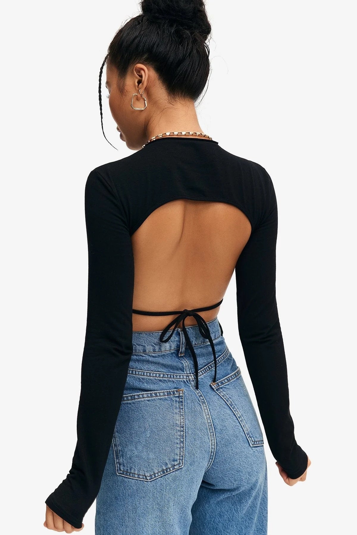 Crop top uni à nouer et dos nu avec ourlet incurvé