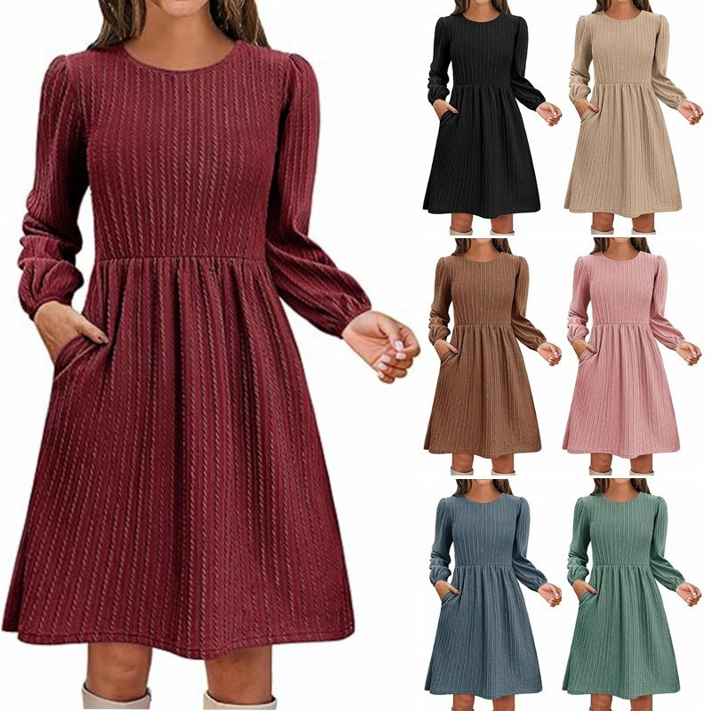Robe trapèze à manches longues et col rond avec poche