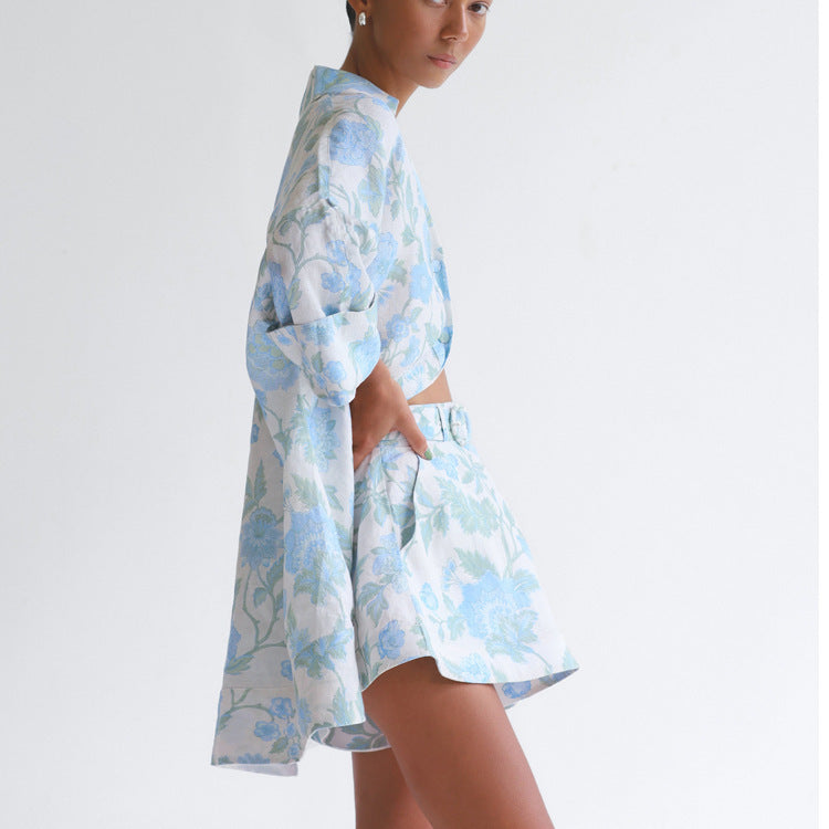 Women's Casual Wear Loose Long Shirt High Waist Shorts With Belt Two-piece Set