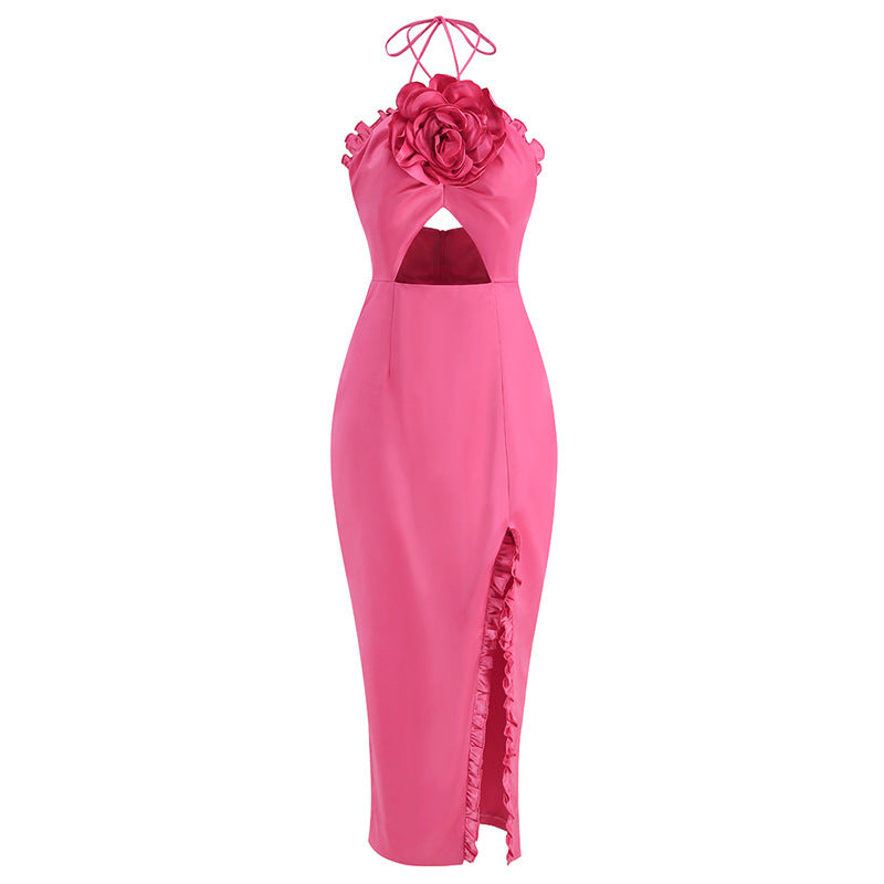 Robe de soirée fendue à lacets et dos nu, motif floral, ornement féminin