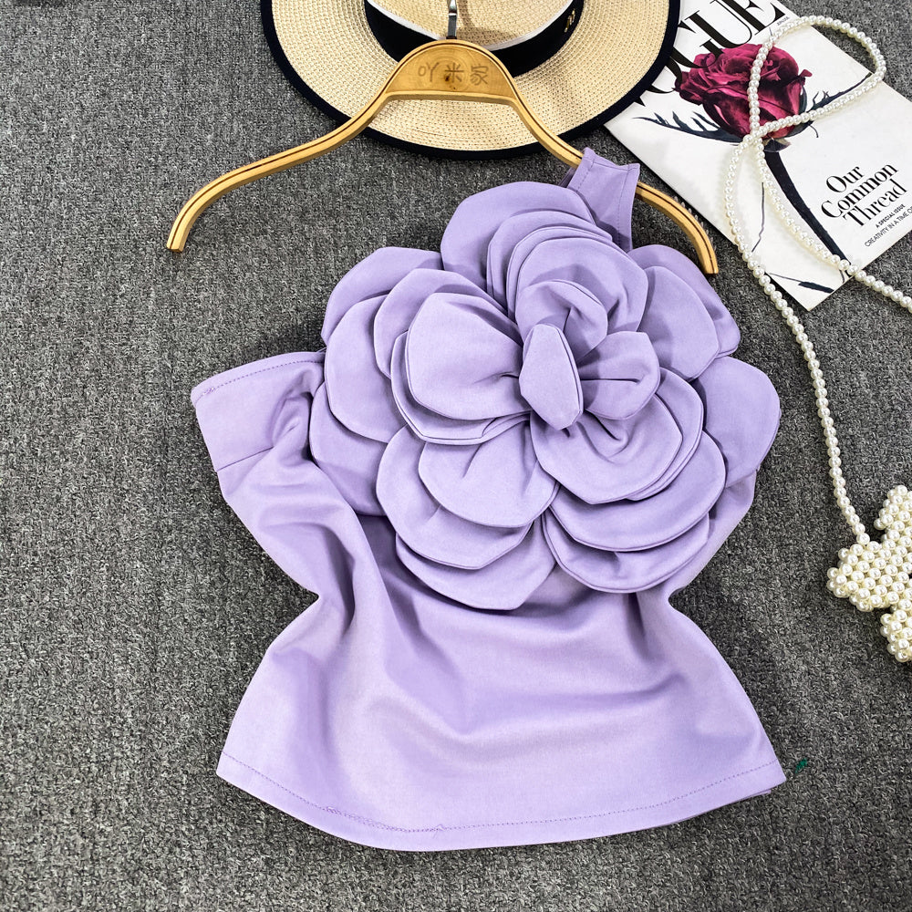 Pure Desire Three-dimensional Large Flower Diagonal Collar One-shoulder Top