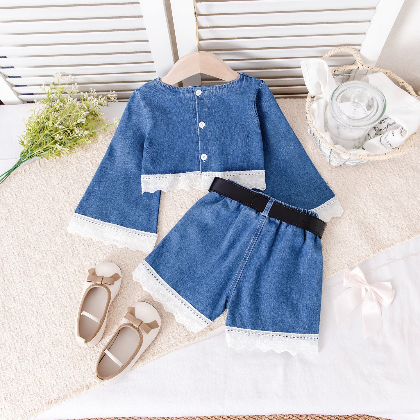 Long-sleeved Top Lace Denim Shorts