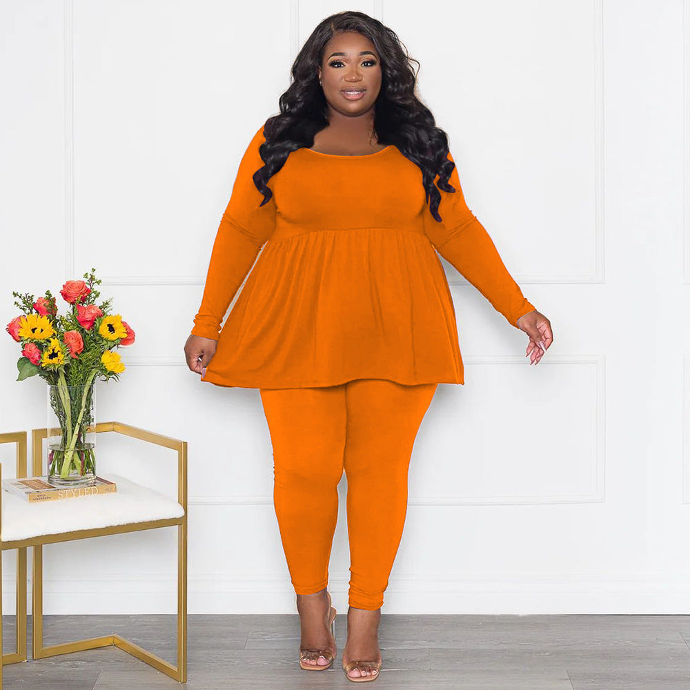 Women's Plus-Size Solid-Color Long-Sleeve T-Shirt Two-Piece Set
