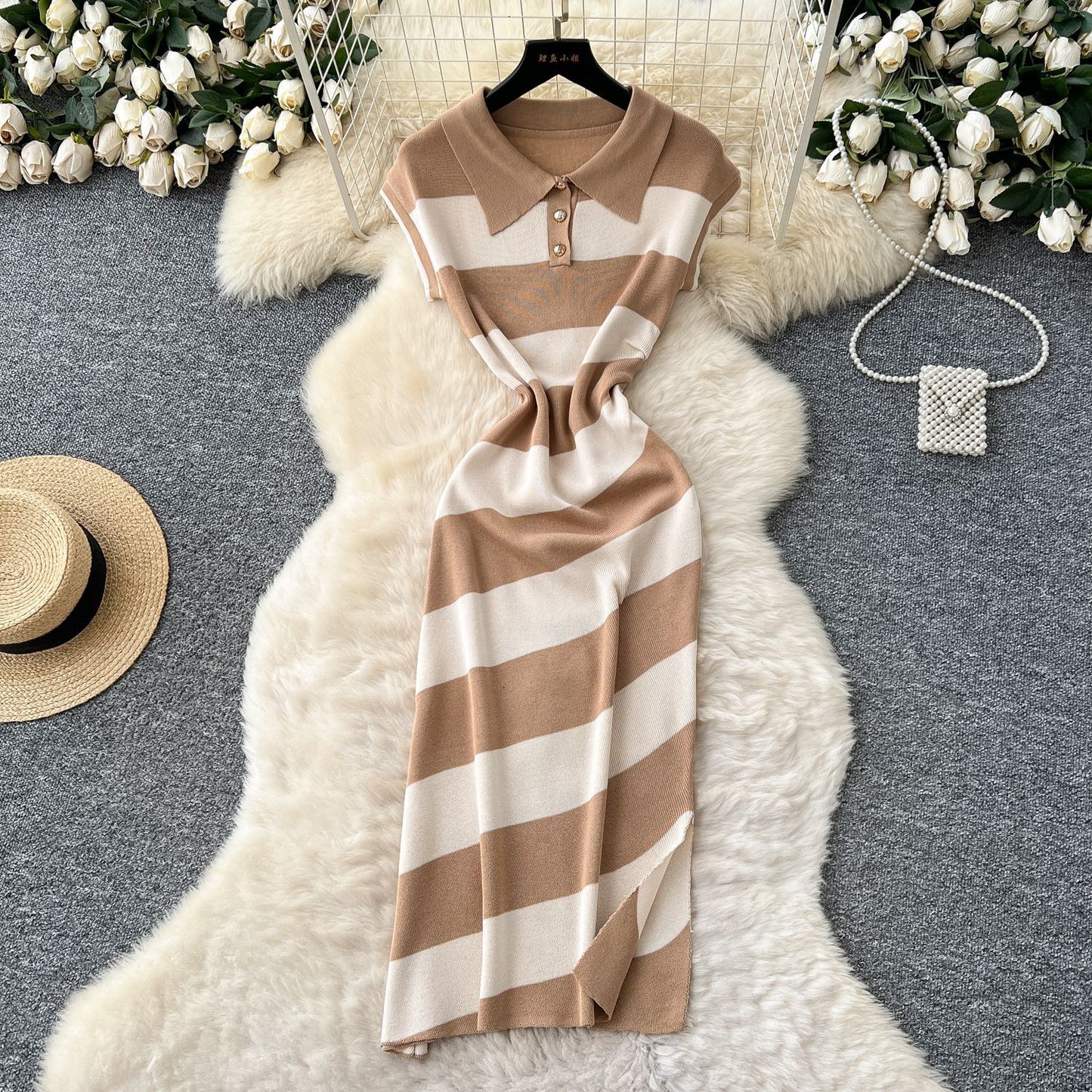 Niche Vintage-style Fashion Polo-neck Short-sleeve Contrast-striped Knit Dress