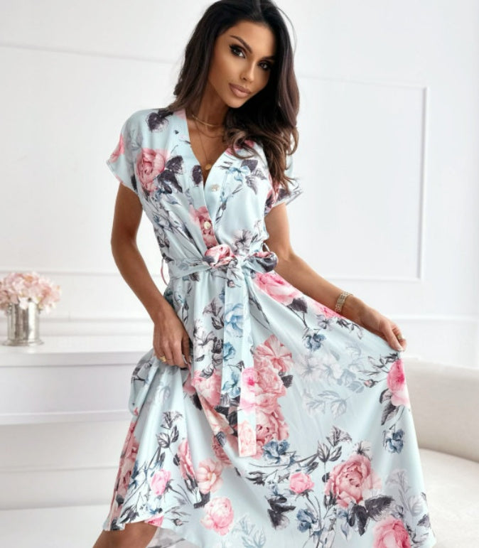 V-neck Lace-up Printed Dress