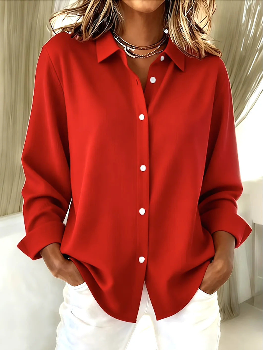 Women's Long-sleeved Lapel Plaid Button Shirt Top