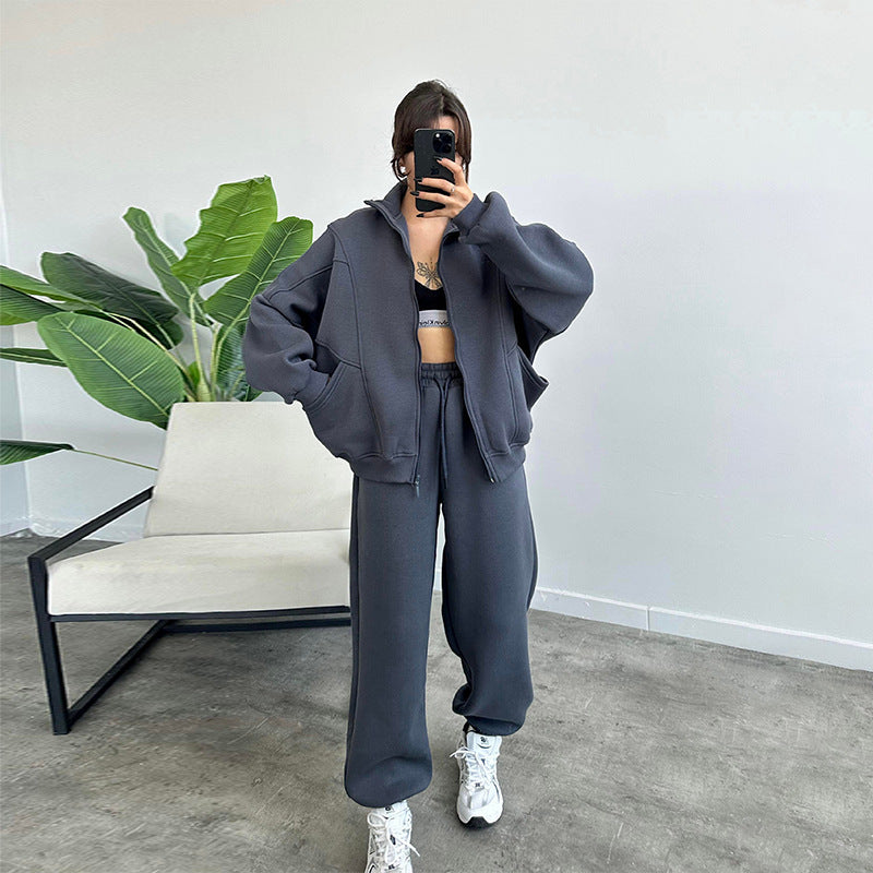 Ensemble de sport avec poches, col montant, cardigan zippé et pantalon à cordon de serrage, tenues de jogging tendance, survêtements, vêtements pour femmes