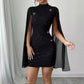 Womens Sequin-embellished Shawl-sleeve Dress With Long Sleeves
