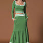 Sporty Retro Striped Square Neck Ruffled Green Cotton T Shirt And Skirt Set