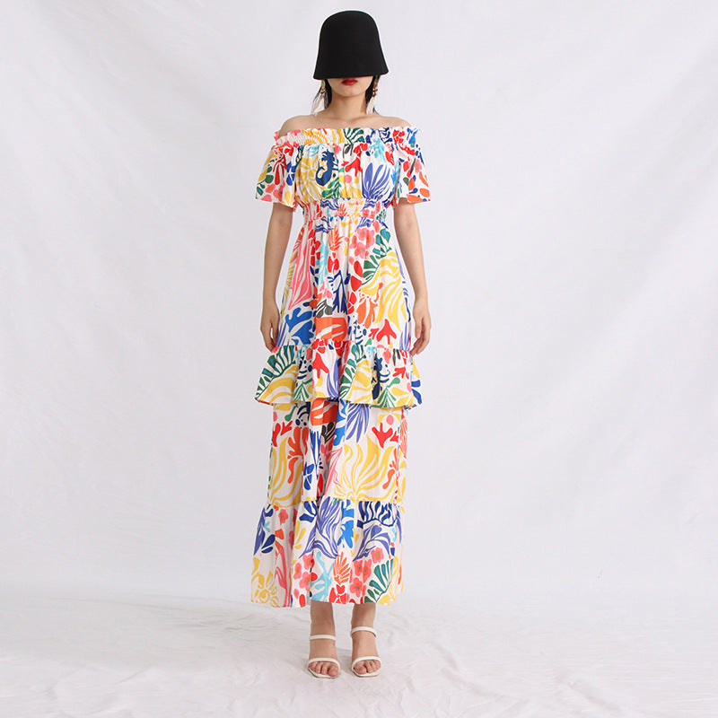 Summer Boat Neck Wooden Ear Design Short Sleeve High Waist Cake Dress
