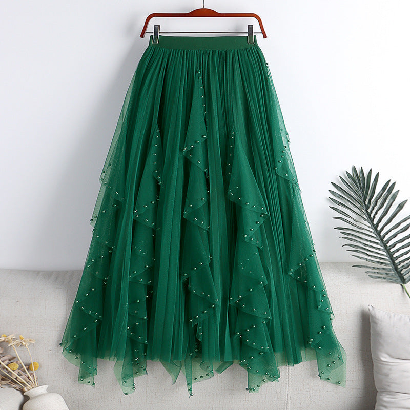 Jupe trapèze longue à ourlet large et maille irrégulière, nouvelle collection printemps et été, avec perles et strass
