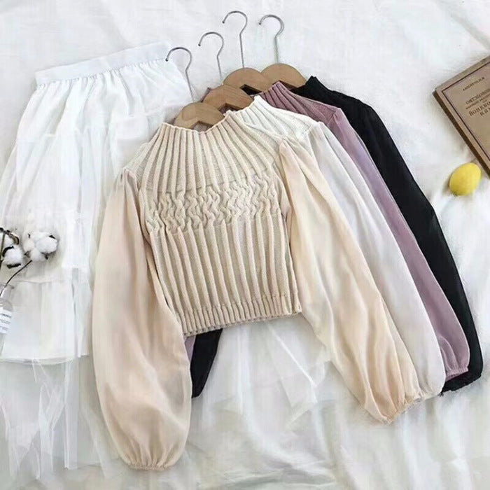 Round Neck Lantern Sleeve Chiffon Patchwork Sweater