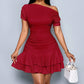 Elegant Sophisticated Solid Color Off The Shoulder Slim Fit Ruffle Trim Dress