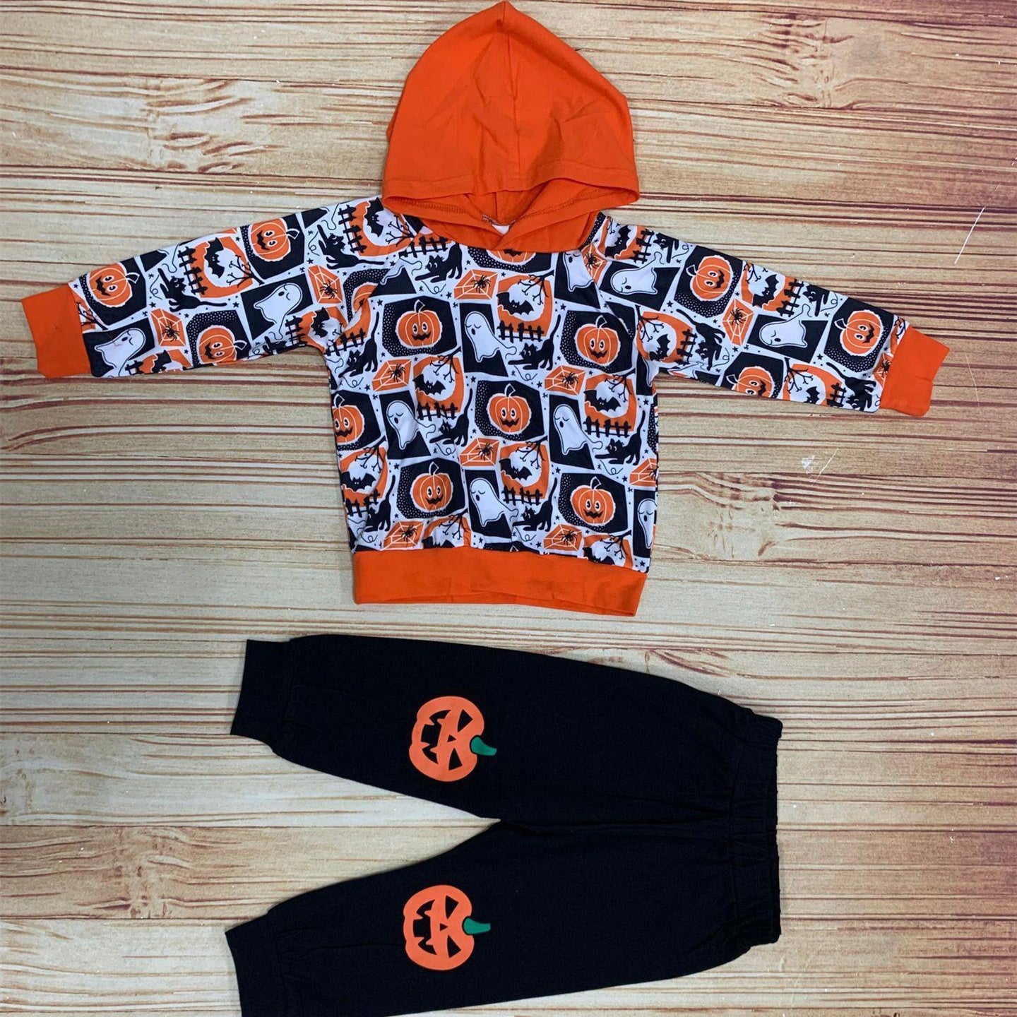 Boys Fashion Pumpkin Letters Printed Hooded Sweatshirt Pants Set