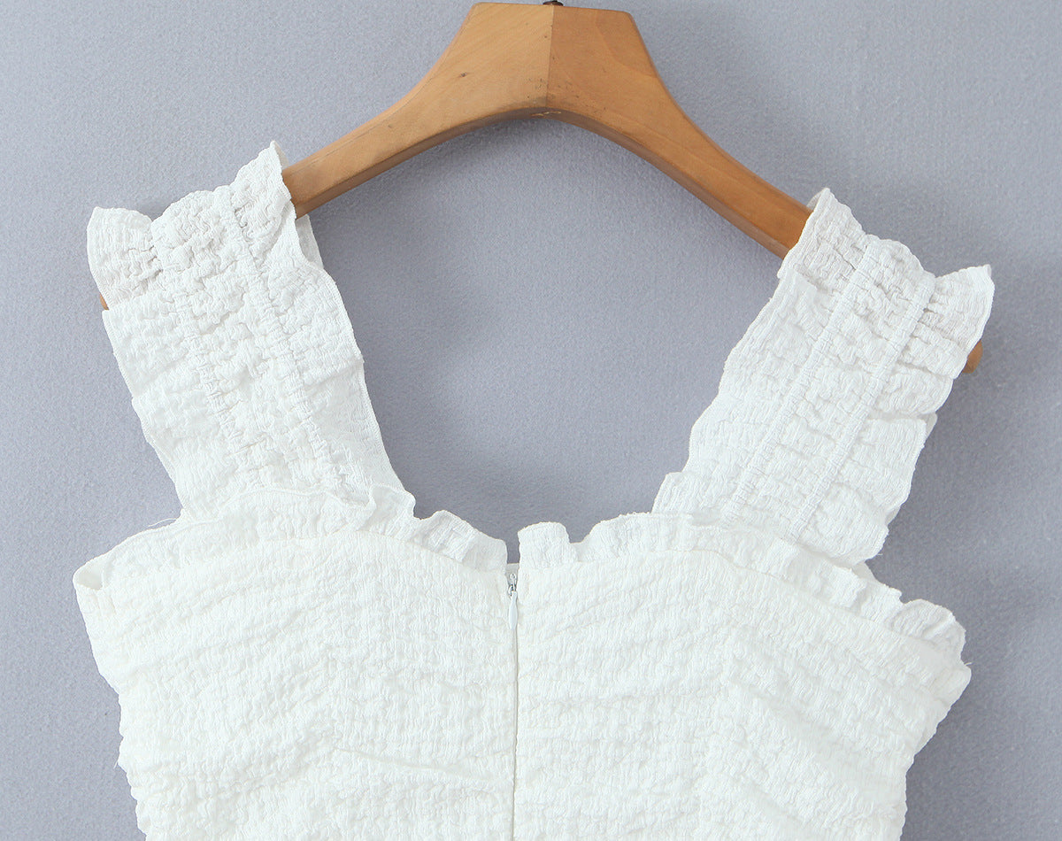 White Puff-Shoulder Ruffle-trimmed Sweet Vest Dress With Drawstring Waist And Pleats
