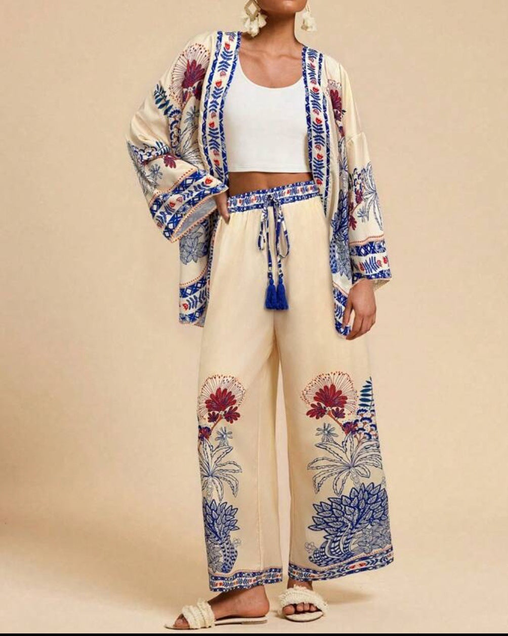 Fashion Vacation Style Printed Cardigan Long Sleeve Wide Leg Pants Two-piece Set
