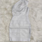 Nouvelle robe bandage, robe une pièce, épaules obliques, dorée, élégante, mode, style européen et américain, offre spéciale